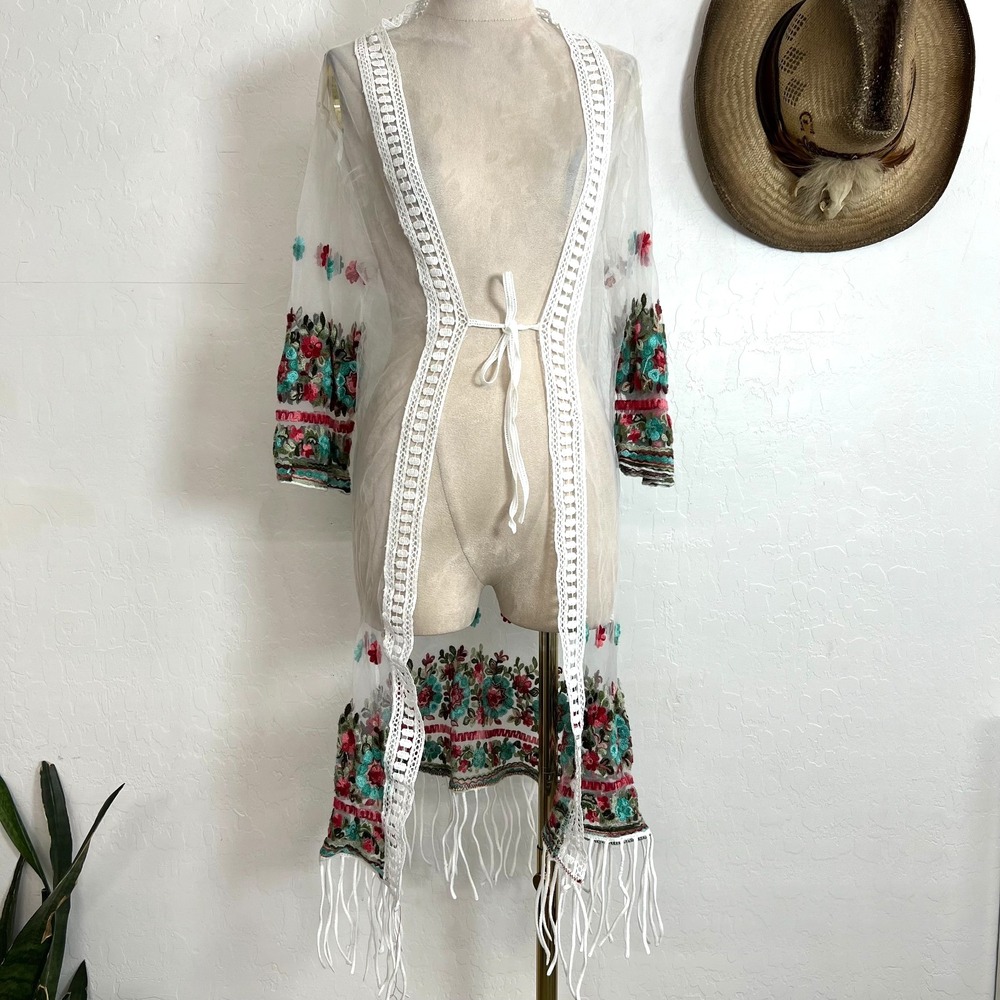 ASHA Sheer White Kimono Cardigan Duster Dress Floral Embroidered Fringe One Size